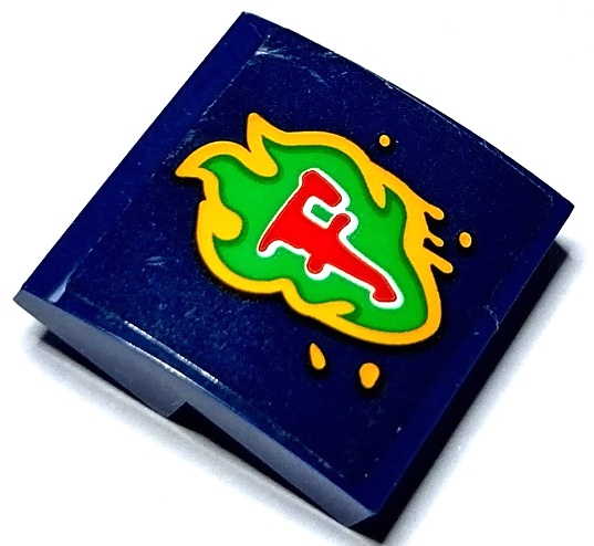 Dark blue LEGO 2x2x2/3 curved slope with a sticker featuring a red capital 'F' outlined in white on green and orange flames.