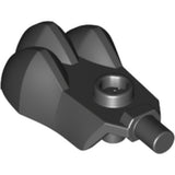 Black LEGO part 15090, a paw piece with a single stud on top, a bar connection on one side, and three rounded claw-like sections.