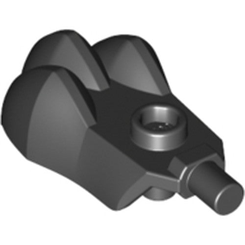Black LEGO part 15090, a paw piece with a single stud on top, a bar connection on one side, and three rounded claw-like sections.