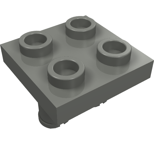 A gray LEGO Plate, Modified 2 x 2, with four studs on top and pins on the bottom, viewed at an angle.