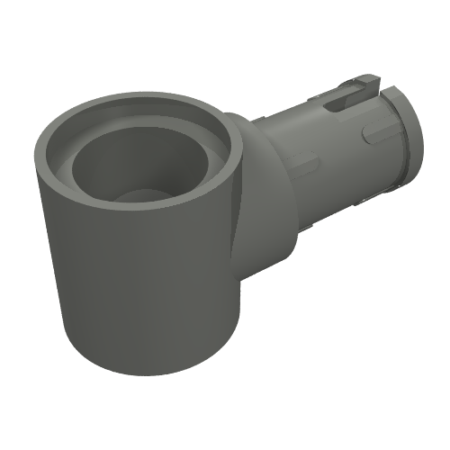 Dark gray LEGO Technic Pin with Friction Ridges and Pin Hole (Part 15100), L-shaped, on white background.