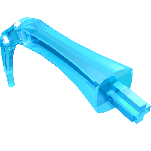 Translucent blue LEGO 15107 Appendage Bony Large with Axle, featuring a curved skeletal shape and a square axle connector.