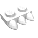 A white LEGO Plate, Modified 1 x 2 with 3 Teeth, showing two studs with LEGO logo and three teeth on one side.