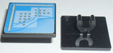Black LEGO 2x2 square plate with open O clip, decorated with a blue computer screen pattern showing buildings and lines.