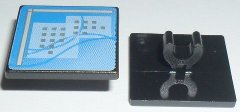 Black LEGO 2x2 square plate with open O clip, decorated with a blue computer screen pattern showing buildings and lines.