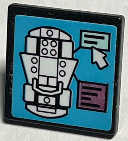 LEGO 2x2 tile with white car diagram, mouse cursor, and two text boxes on a medium azure background.