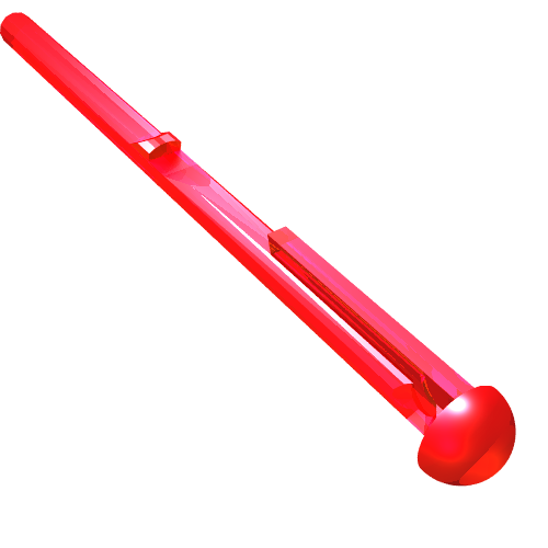 Translucent red LEGO 15303 Projectile Arrow, an 8L bar with a round end and detailing, on a white background.
