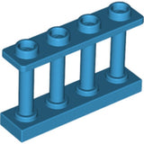 Blue LEGO 15332 Fence 1x4x2 Spindled with 4 Studs piece, featuring four vertical pillars connecting two plates.