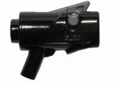 Black LEGO Minifigure Weapon Gun, Mini Blaster Shooter with Dark Bluish Gray Trigger, on a white background.