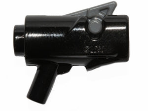 Black LEGO Minifigure Weapon Gun, Mini Blaster Shooter with Dark Bluish Gray Trigger, on a white background.
