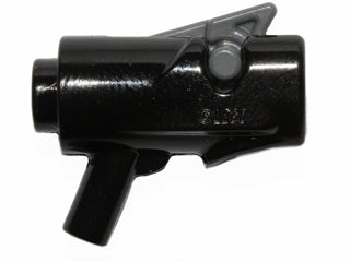 Black LEGO Minifigure Weapon Gun, Mini Blaster Shooter with Dark Bluish Gray Trigger, on a white background.