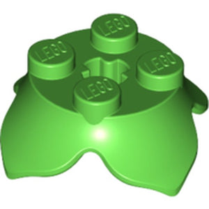 Green LEGO 2x2 plant leaf part 15469 with four petals, four studs (LEGO logo), and a central axle hole.