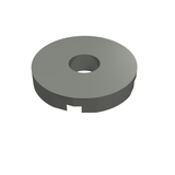 A grey LEGO 15535 Tile, Round 2 x 2 with Hole, featuring a central opening and a small notch on the bottom edge.