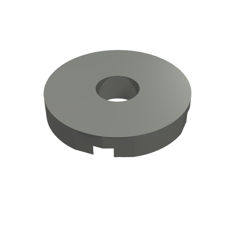 A grey LEGO 15535 Tile, Round 2 x 2 with Hole, featuring a central opening and a small notch on the bottom edge.