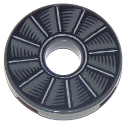Dark grey LEGO Tile, Round 2 x 2 with Hole, featuring a light grey rotor blade pattern print.