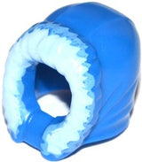 Blue LEGO minifigure hood, fur-lined, with a short, narrow facial opening and bright light fur edge.