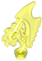 Transparent yellow LEGO Minifigure Weapon Techno-Blade, piece 15621, featuring gears and a sharp blade design.