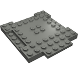 A grey LEGO 15624 brick, modified 8x8 with 1x4 indentations and 1x4 plate, viewed from an angle.