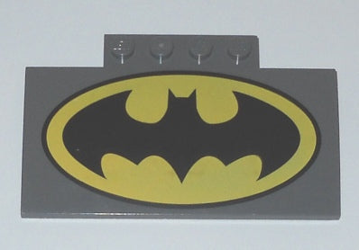 Dark gray LEGO curved slope brick, 5x8, with 4 studs and a yellow oval Batman logo print.