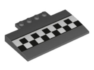A dark gray LEGO Slope, Curved 5 x 8 x 2/3 with 4 studs, featuring a white and black checkered pattern stripe.