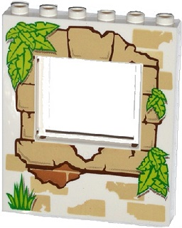 LEGO 15627pb007 Panel 1x6x6 with window, featuring a tan brick wall, green grass, and leaves pattern.