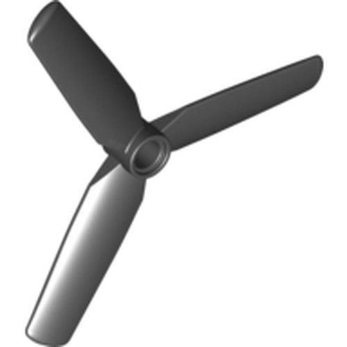 Dark gray LEGO 3-blade propeller part 15790, with a 9 diameter and a recessed center hub.
