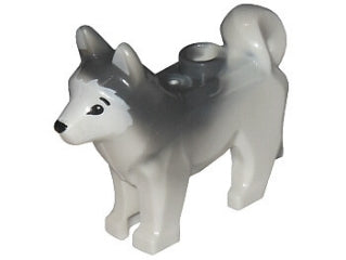 LEGO husky dog, gray and white, with marbled dark bluish-gray ears and back, black printed eyes and nose.