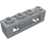 A gray LEGO 16968 Projectile Launcher, 1x4 with inside clips and four studs on top, shown from an elevated perspective.