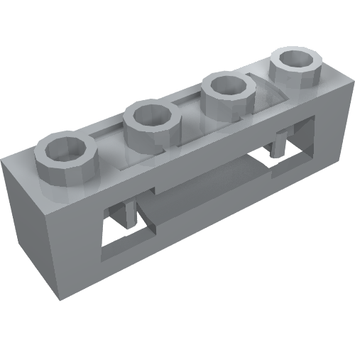 A gray LEGO 16968 Projectile Launcher, 1x4 with inside clips and four studs on top, shown from an elevated perspective.