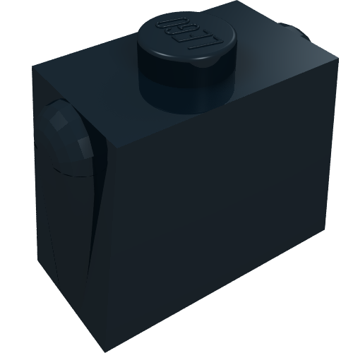 Dark blue LEGO 1x2 modified brick, part of LEGO 17 Torso Legoland. Features one top stud with logo and two side studs.