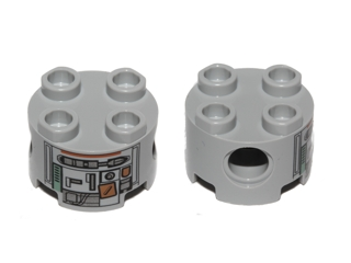 LEGO 17485pb001 light gray round 2x2 brick with pin holes and silver, dark orange robot pattern (C1-10P).