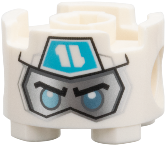 LEGO 17485pb018 Round 2x2 Brick: Zane head pattern with balaclava, blue Z logogram, silver face, black eyebrows, metallic light blue eyes.