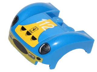 Blue LEGO curved car fender with headlights, grille, yellow bumper, '112', and Ferrari logo.