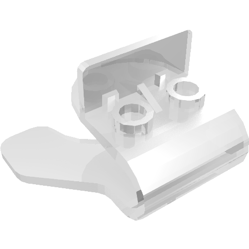 A translucent white LEGO Minifigure, Utensil Stand Flexible part, showing its clip, studs, and base.
