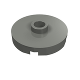 A gray LEGO Tile, Round 2 x 2 with Open Stud (part 18674) with a notch on its circular base.