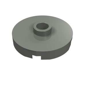 A gray LEGO Tile, Round 2 x 2 with Open Stud (part 18674) with a notch on its circular base.