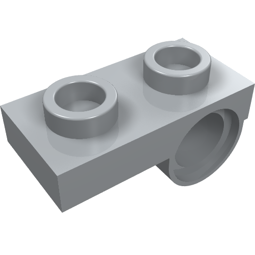 Light gray LEGO plate 1x2 with two studs on top and a pin hole on the side/bottom.