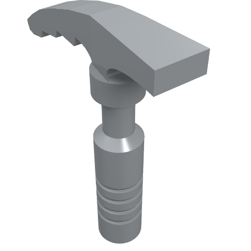 A light grey LEGO Minifigure Utensil Ice Axe, part 18738, with a curved, ribbed blade and a 3-ribbed handle.