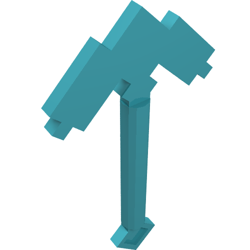 3D render of a teal pixelated LEGO Minifigure Utensil Pickaxe, resembling a Minecraft tool.