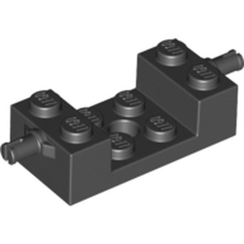 Black LEGO modified 2x4 brick with 2x2 cutout, U-shape, and pin holes on sides for axles.
