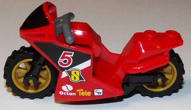 Red LEGO sport motorcycle with black windshield, pearl gold wheels, dark bluish gray handlebars, and Octan #5 decals.