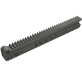 A dark gray LEGO Technic Gear Rack 1 x 14 x 2 with gear teeth on top and axle and pin holes along the side.