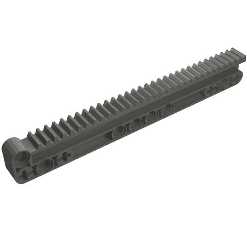 A dark gray LEGO Technic Gear Rack 1 x 14 x 2 with gear teeth on top and axle and pin holes along the side.