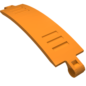 Orange LEGO Technic curved panel 3x13, with three recessed slots and a pin connection on one end.