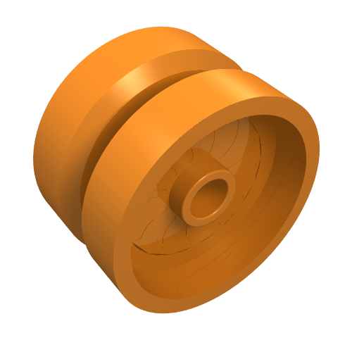 Orange LEGO Wheel 18976, 18mm D. x 12mm, with axle hole, stud, and solid brake rotor lines on inner side.