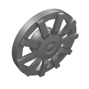 Isometric view of a gray LEGO 10-spoke wheel cover, part 18978b, designed for wheel 18976.