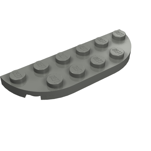 Gray LEGO Plate, Round Corner 2 x 6 Double (part 18980) with 10 studs.