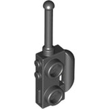 A detailed dark gray LEGO minifigure utensil radio featuring an antenna, side controls, and two circular grille details.