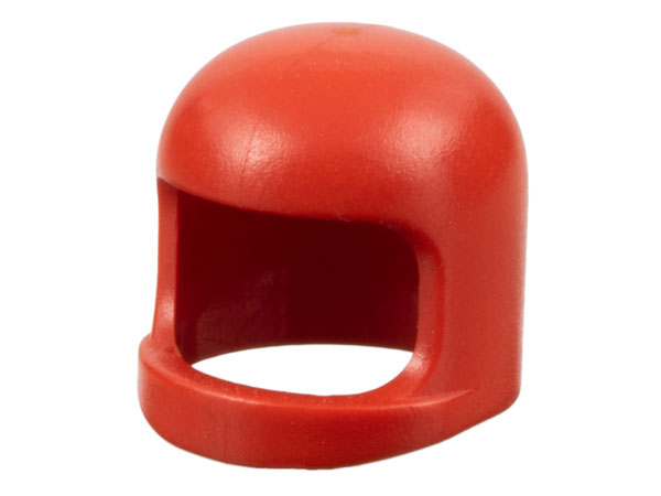 A red LEGO minifigure helmet, Space/Town type with thick chin strap, shown from the front-right on a white background.