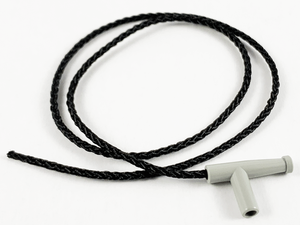LEGO Minifigure Utensil Hose Nozzle Simple (light gray) attached to a 35L black braided string, coiled.